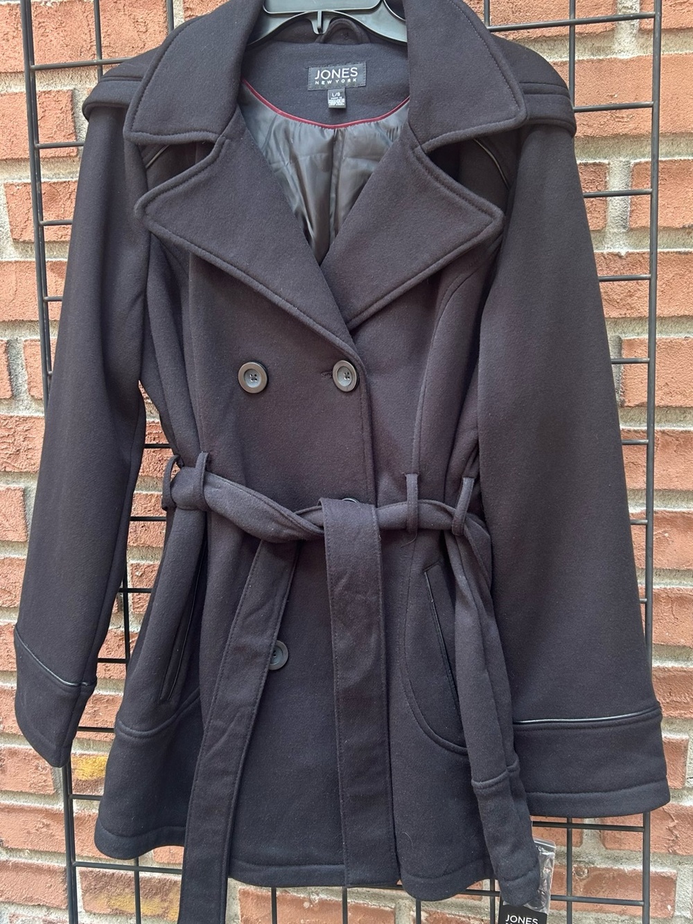 Jones New York Black Double-Breasted Belted Pea Coat